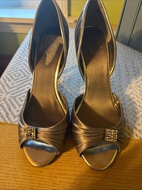 Nine West Gunmetal Open-Toe High Heel Pumps with Rhinestone Accent